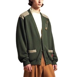 VTG 90s Burberrys dark green pure wool suede patch grandpa cardigan sweater XL